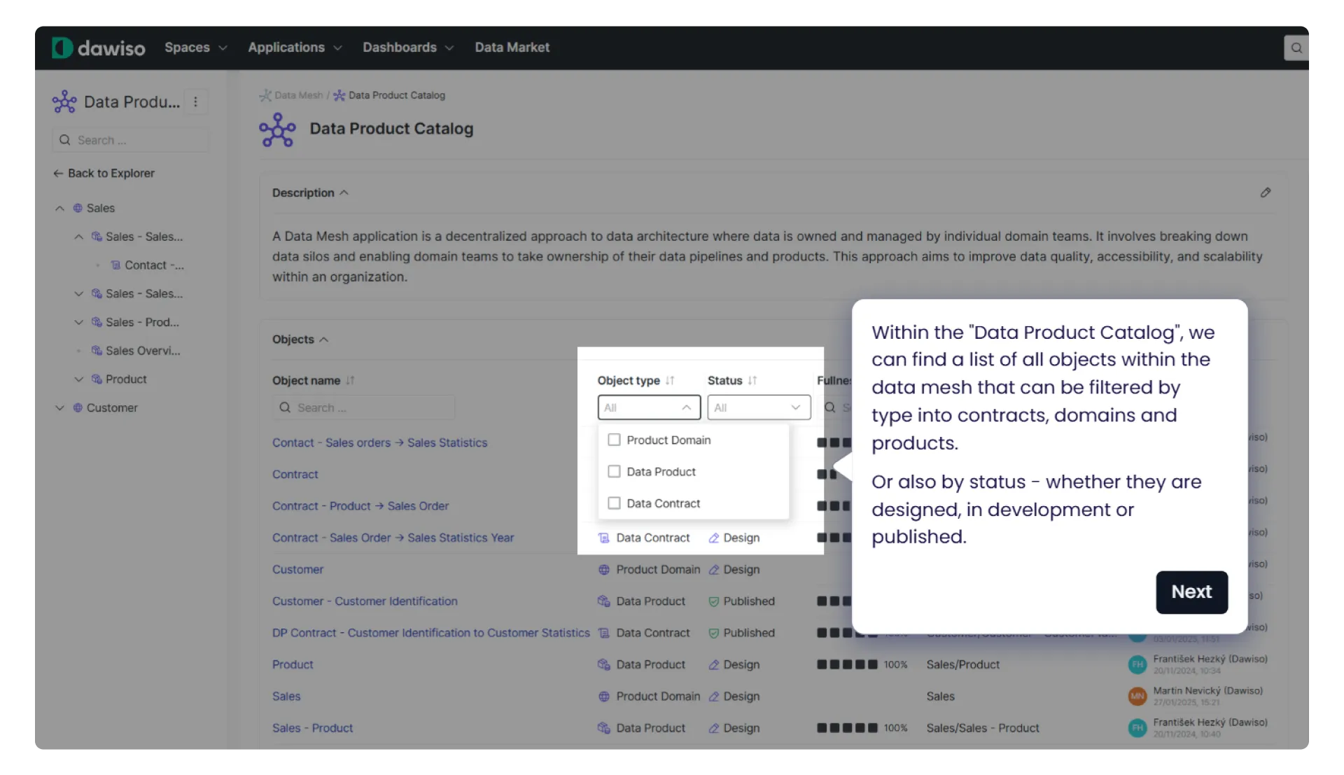 Dawiso’s Data Product Catalog view showing filterable objects by type and status.