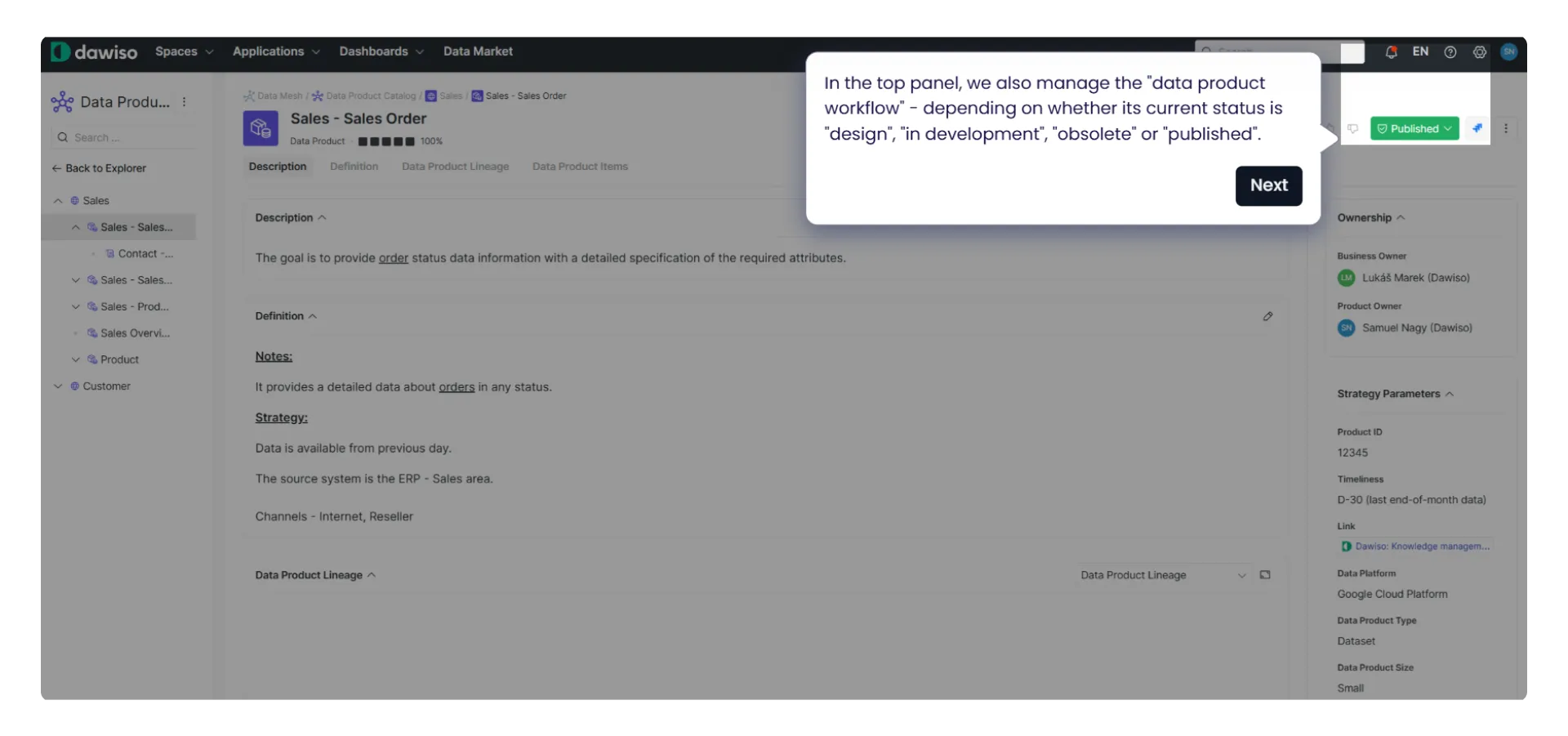 Data product workflow status options - design, in development, published, or obsolete.