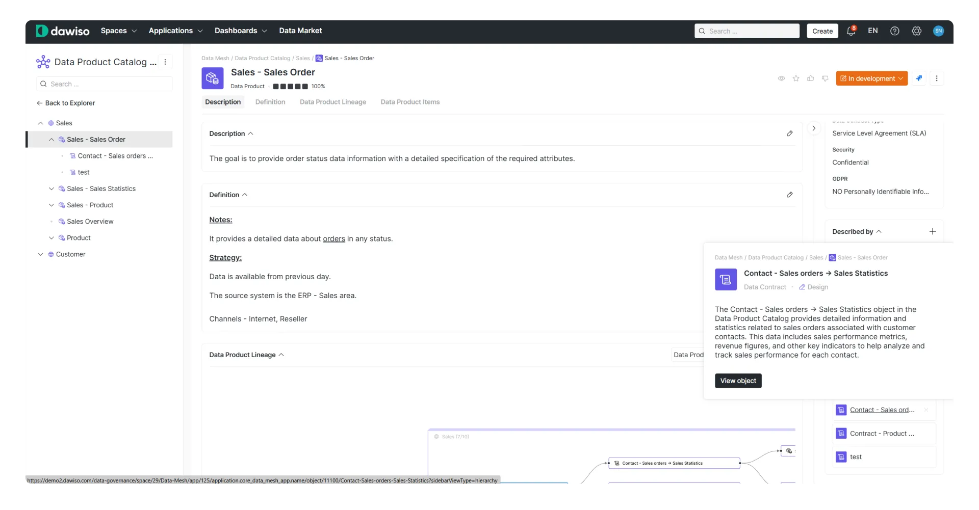 Data product view showing a detailed data contract preview.