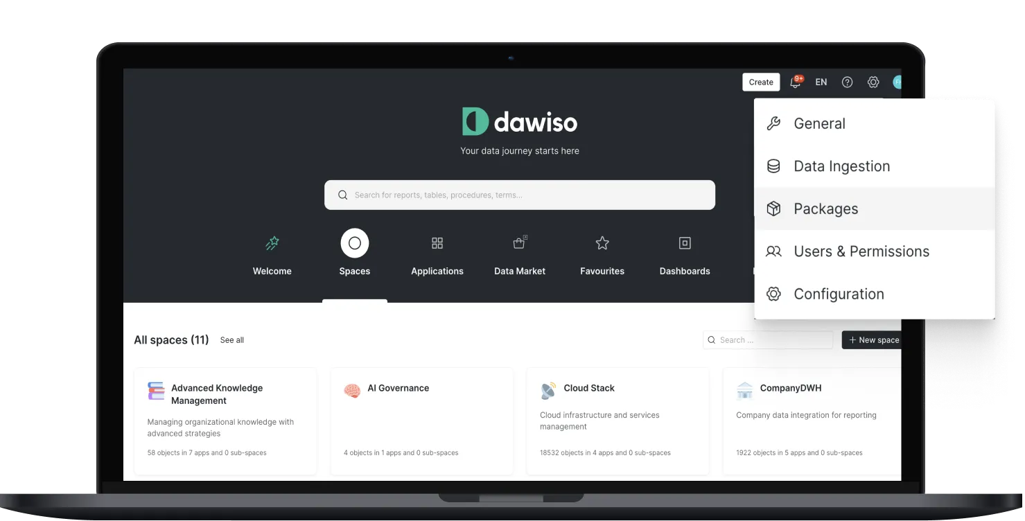 Oberfläche von Dawiso mit geöffnetem Administrationsmenü und hervorgehobenem Bereich „Packages“, über den sich Funktionen über die Spaces hinweg steuern lassen.