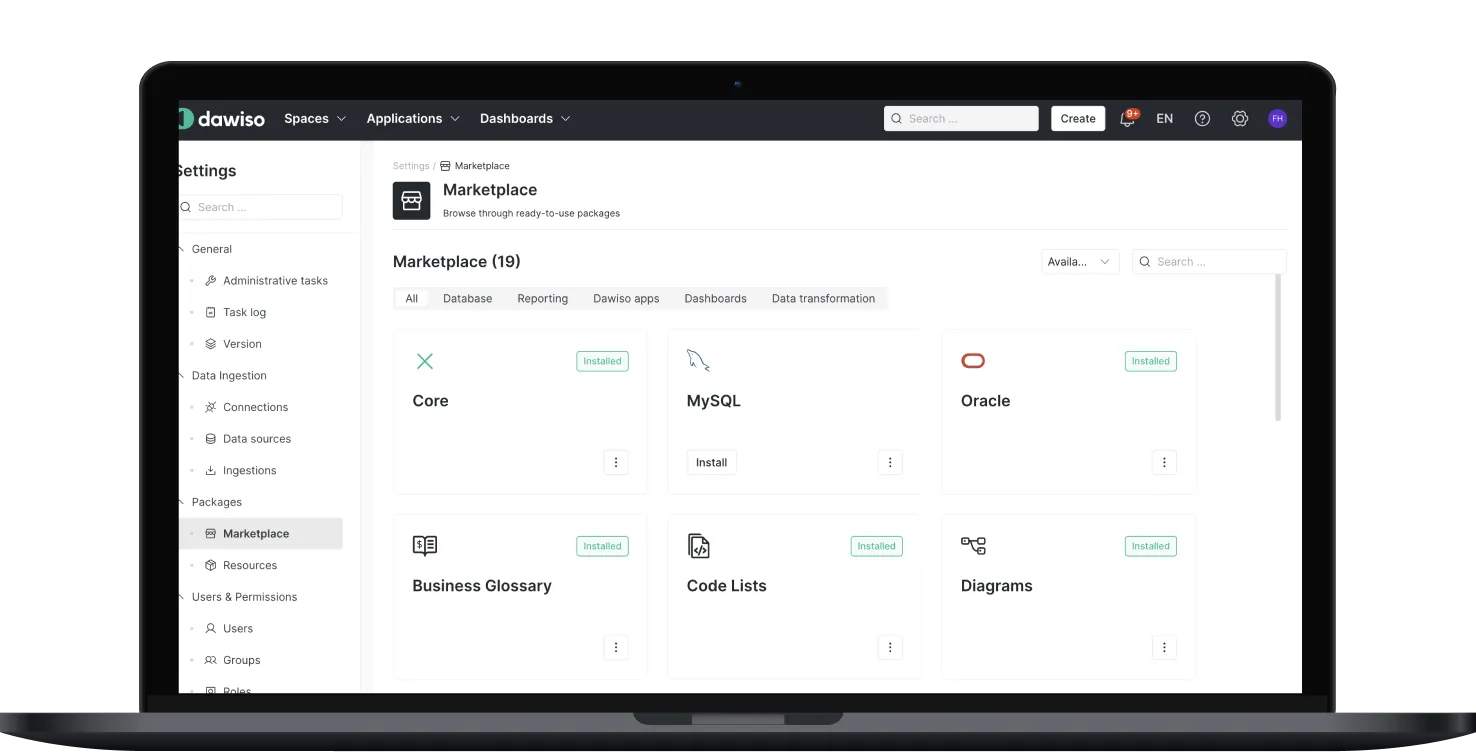 Oberfläche des Dawiso Marketplace mit verfügbaren und installierten Packages wie MySQL, Oracle, Business Glossary und Code Lists zur einfachen Anbindung.