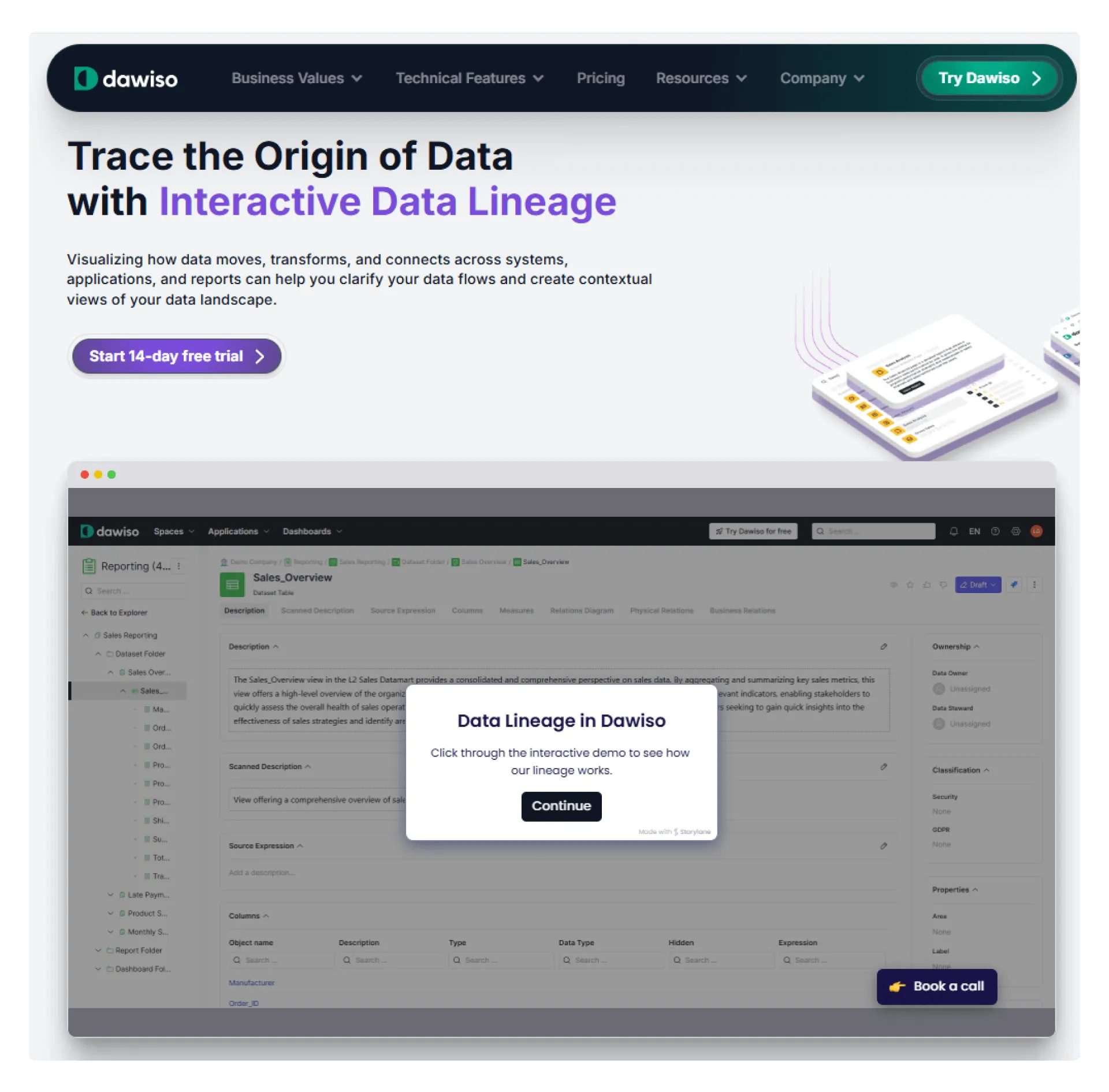 Dawiso product webpage showcasing an interactive Storylane demo of data lineage. Visitors can click through a guided experience to explore how data flows are visualized and documented within the Dawiso platform.