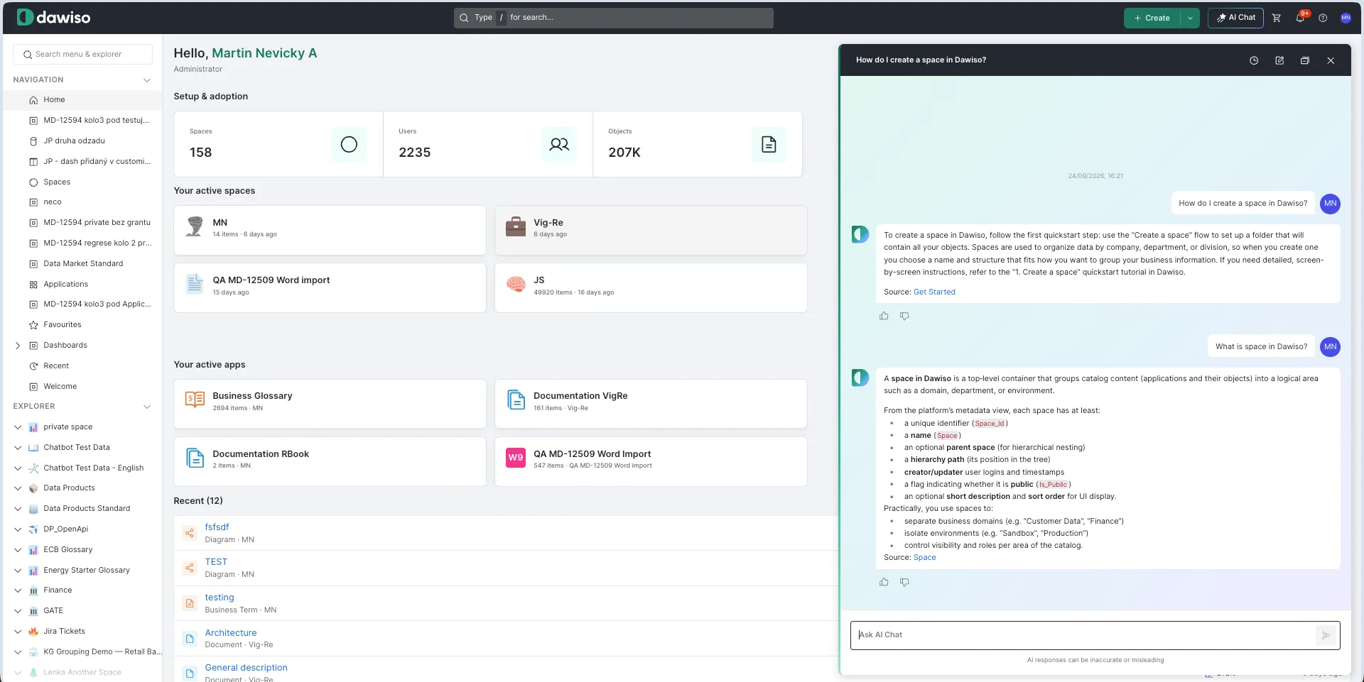 Dawiso AI Chat panel answering questions about spaces, with each answer linked to its source