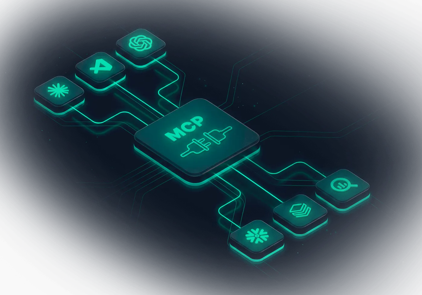 Dawiso MCP server at the center of a network of AI agents and data sources, connecting large language models directly to enterprise data through the Model Context Protocol