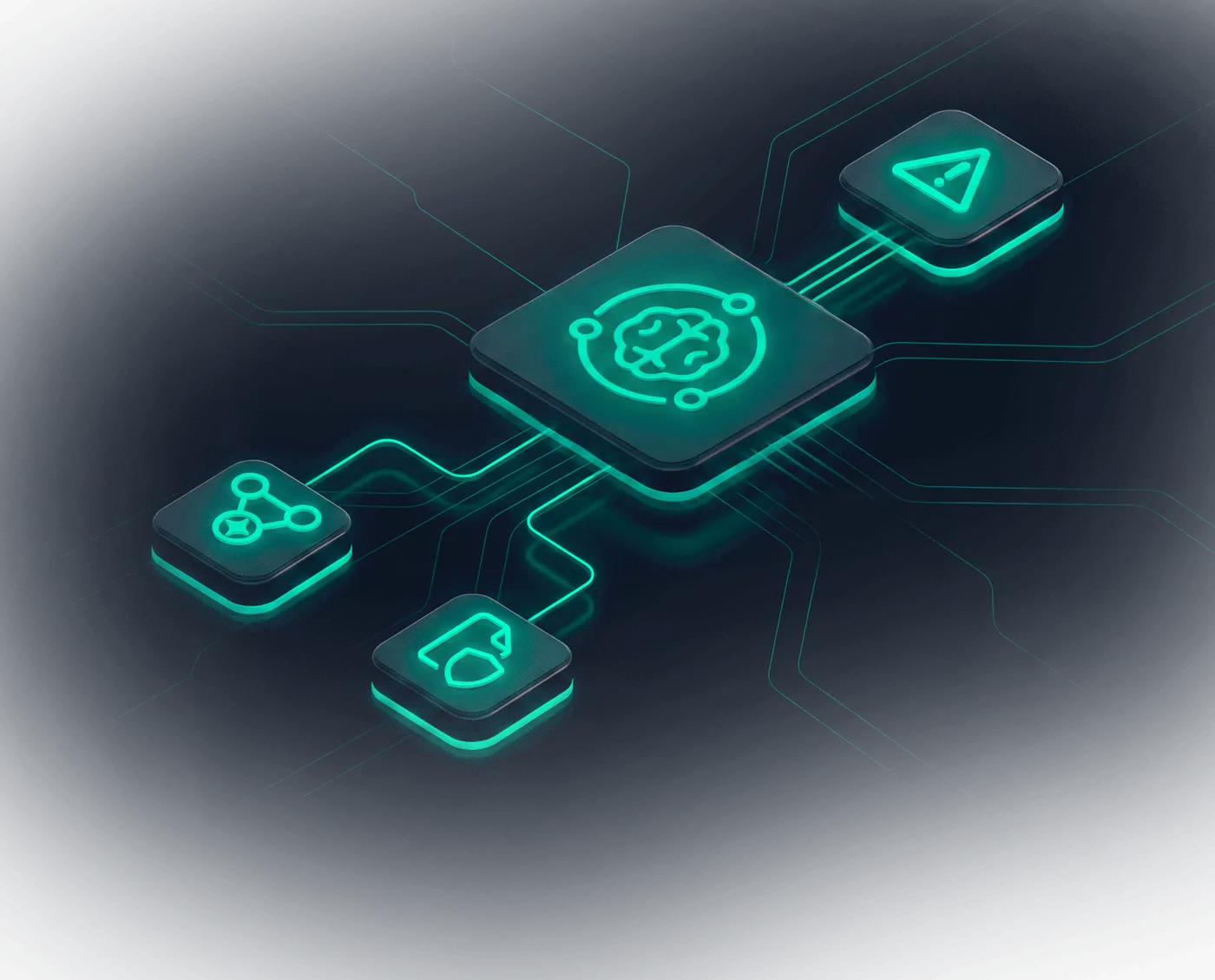 Dawiso AI Governance: an AI model at the centre of a governed network, wired to risk alerts, policy relationships and protected data