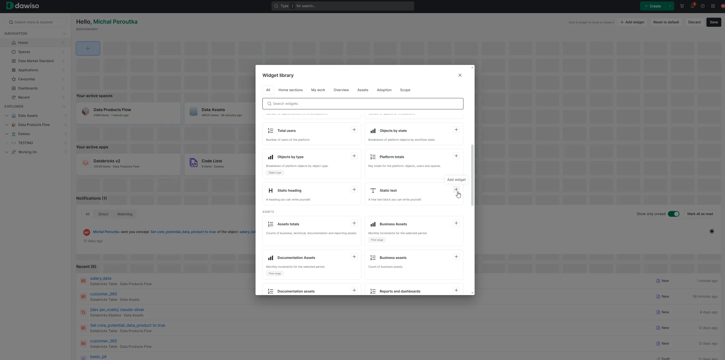 Homepage customize mode with the widget library open
