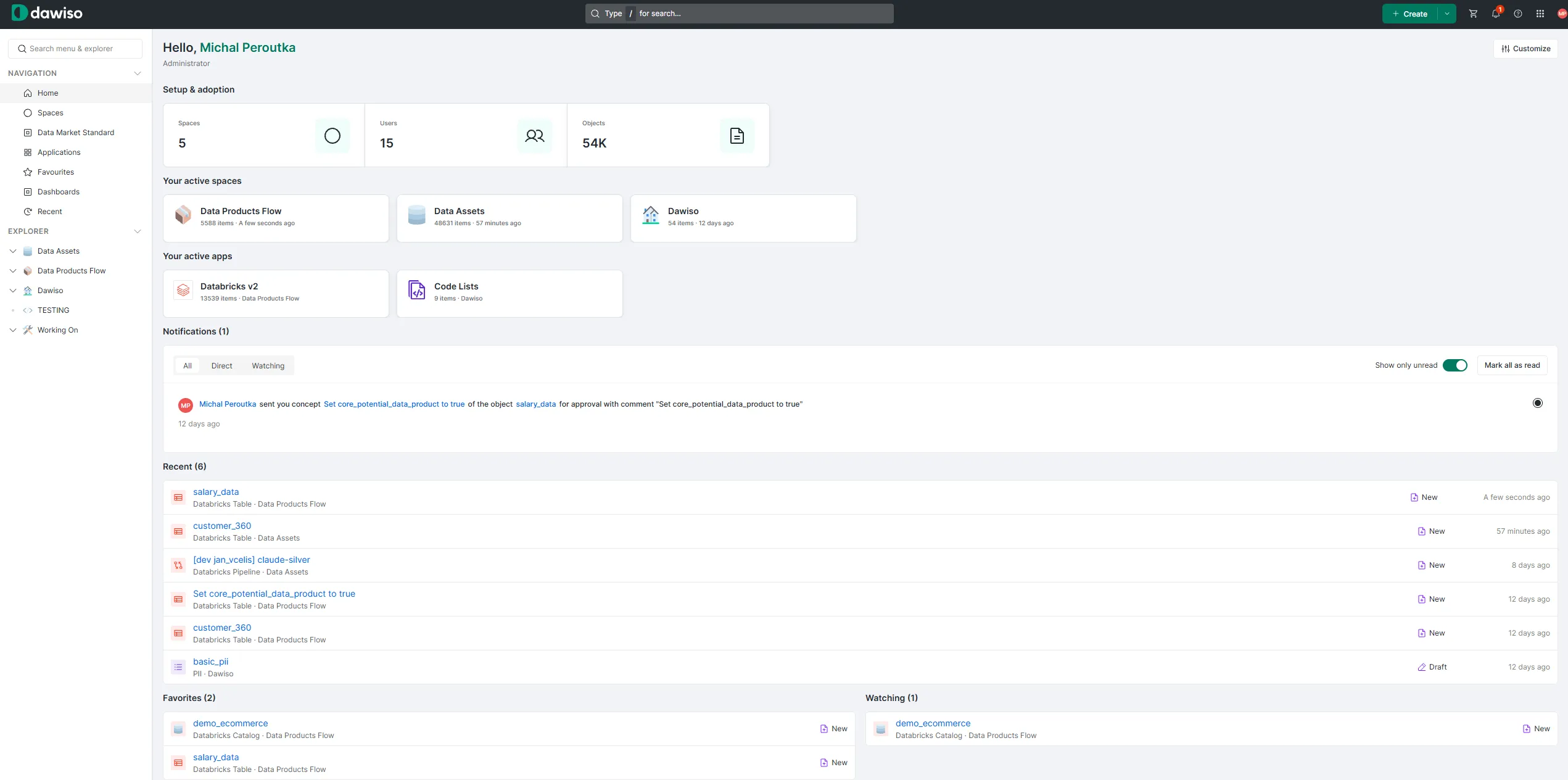 New Dawiso homepage with setup and adoption stats, active spaces, notifications and recent items