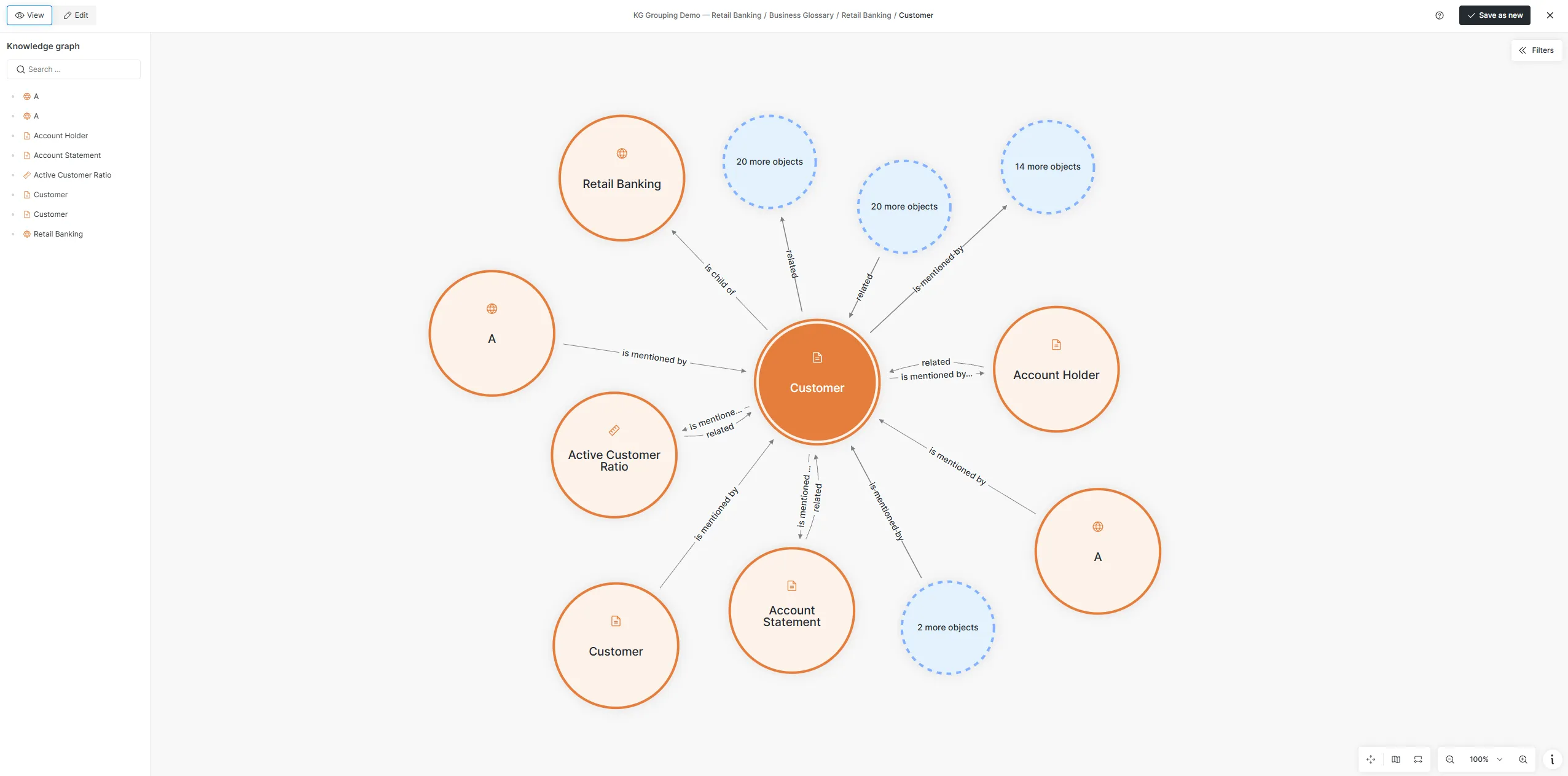 Knowledge graph collapsing relationships of the same type into N more objects bubbles
