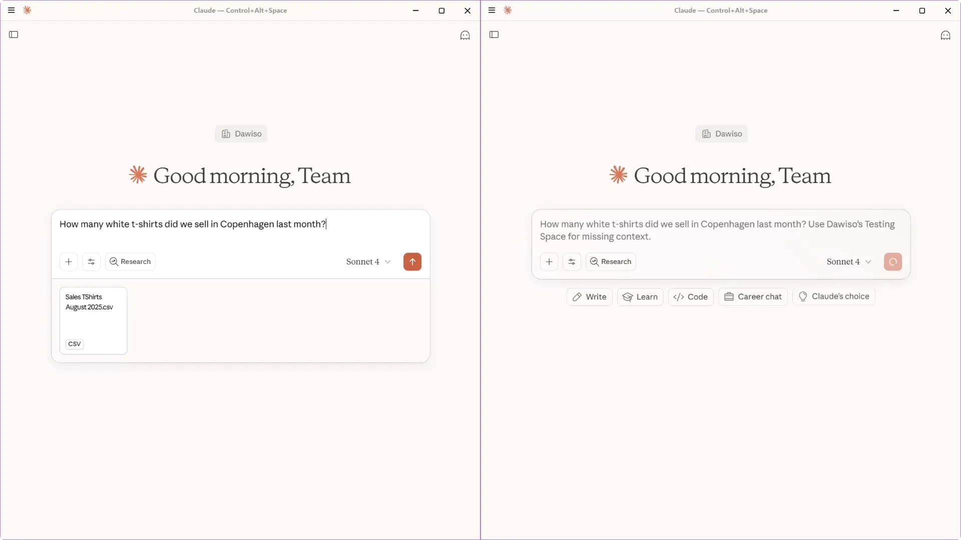 An AI assistant connected to Dawiso over MCP: the same business question is answered using governed Dawiso context pulled in for the missing definitions, instead of the assistant guessing on its own