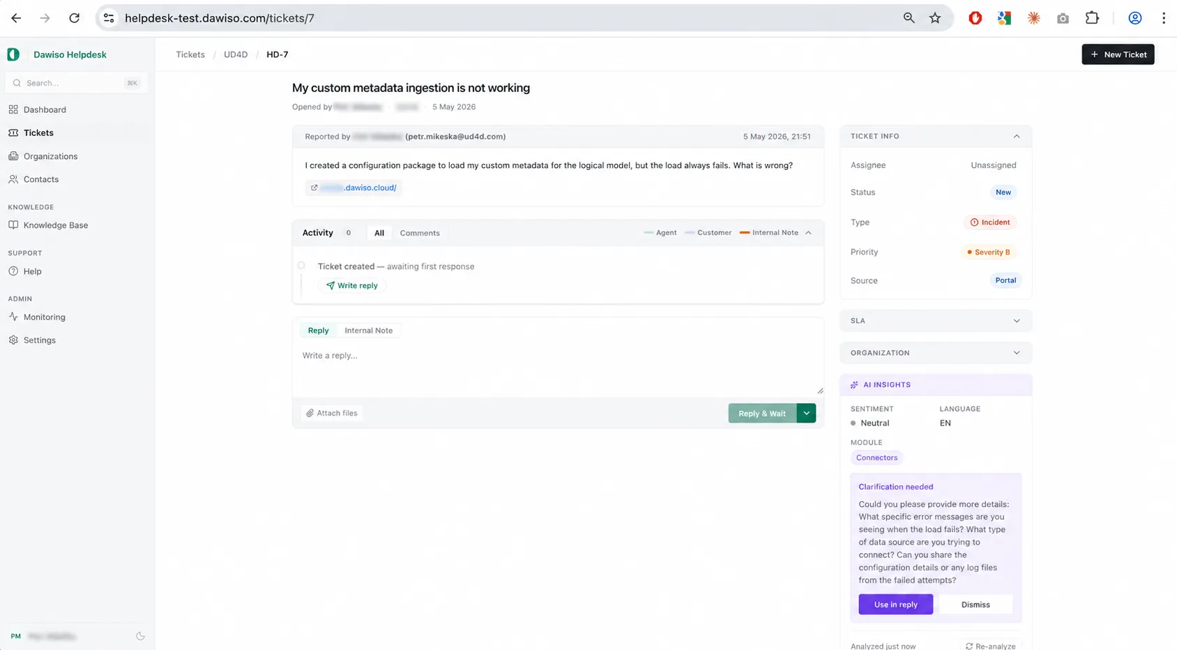 Agent helpdesk UI: ticket detail with reporter, conversation activity, ticket info sidebar, and AI Insights panel with sentiment, language, module, and clarification suggestions