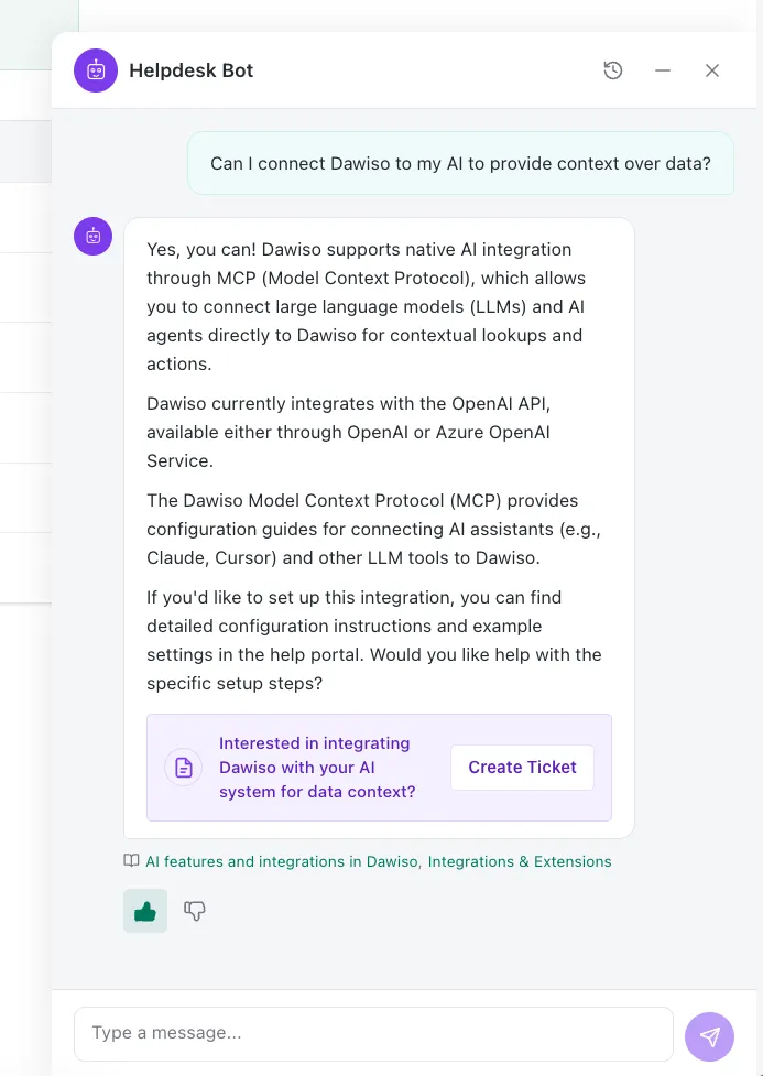 Helpdesk bot in the customer portal answering a question about connecting Dawiso to AI via MCP — with KB citations, thumbs-up feedback selected, and a contextual Create Ticket offer