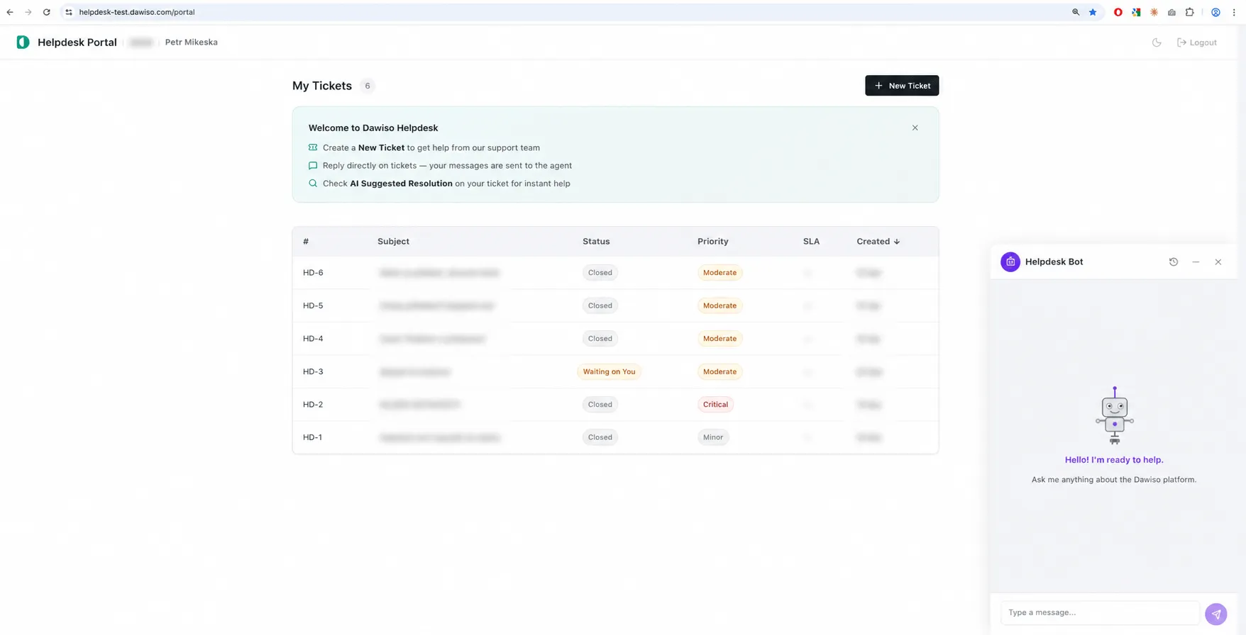Customer-facing helpdesk portal: ticket list with statuses, welcome banner, and the AI bot widget docked in the corner