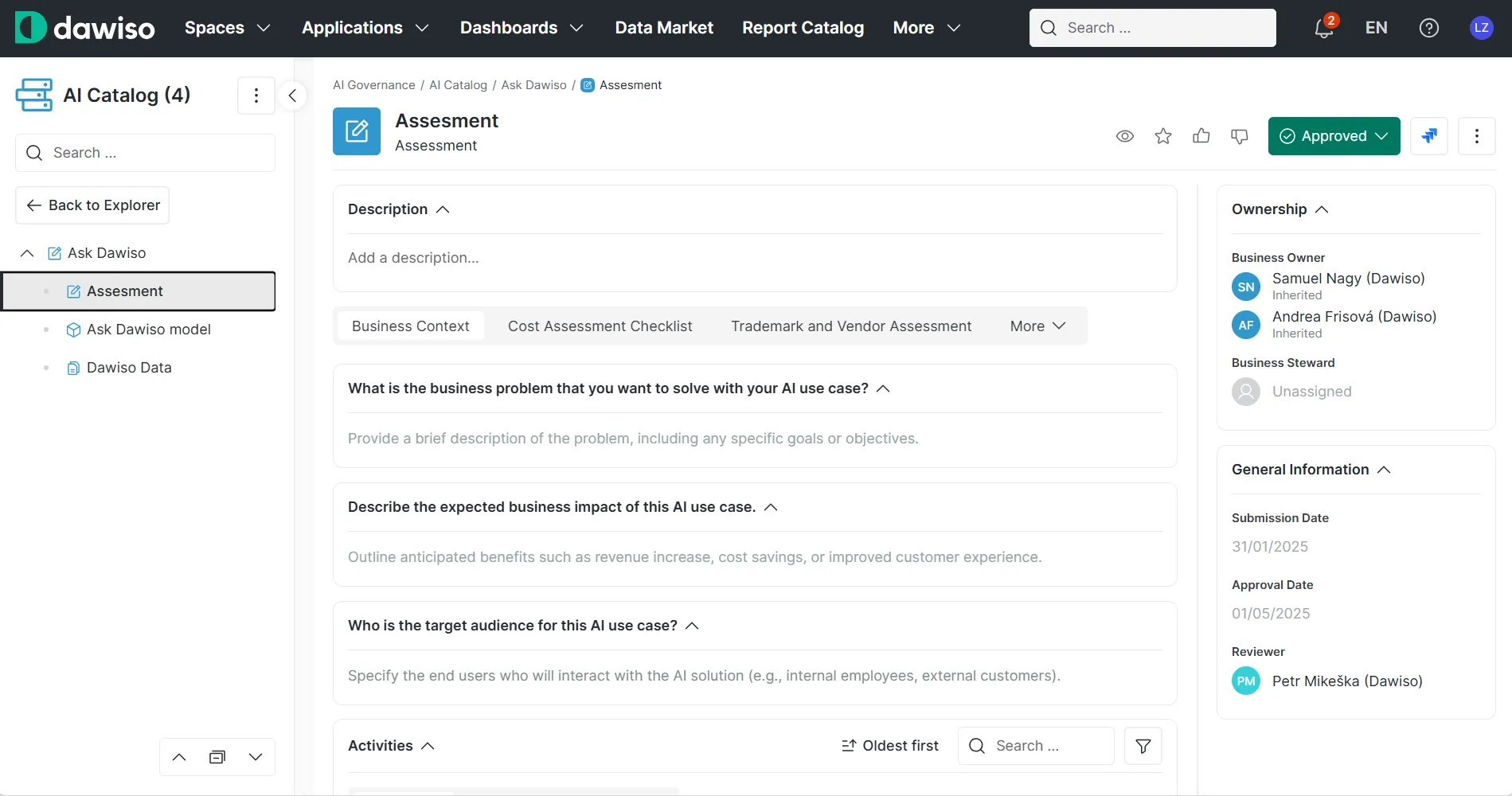 Dawiso risk assessment evaluating an AI use case against regulatory criteria with a resulting risk tier