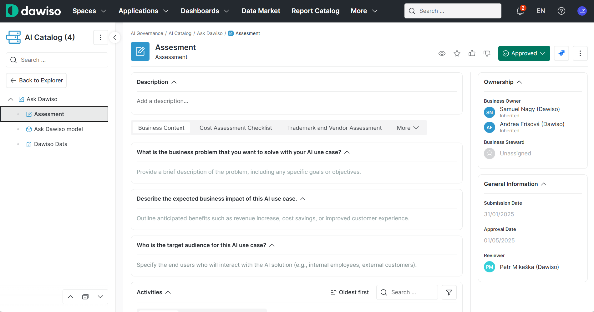 Dawiso risk assessment evaluating an AI use case against regulatory criteria with a resulting risk tier