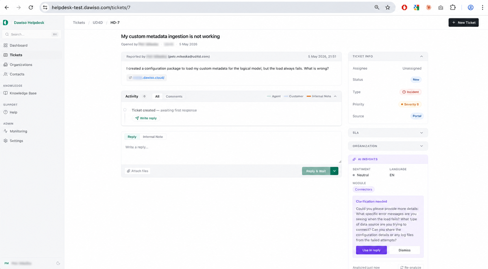 Agent helpdesk UI: ticket detail with reporter, conversation activity, ticket info sidebar, and AI Insights panel with sentiment, language, module, and clarification suggestions