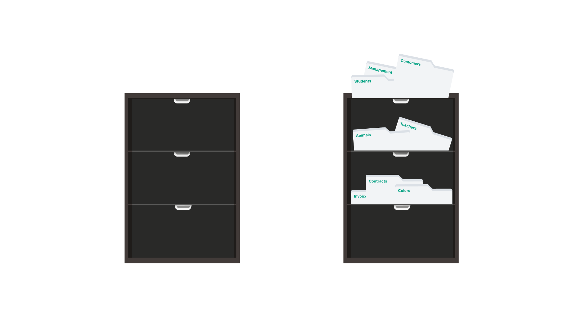 Illustration of data warehouse as a filing cabinet - organized versus non-organized (pile of papers with random labels).