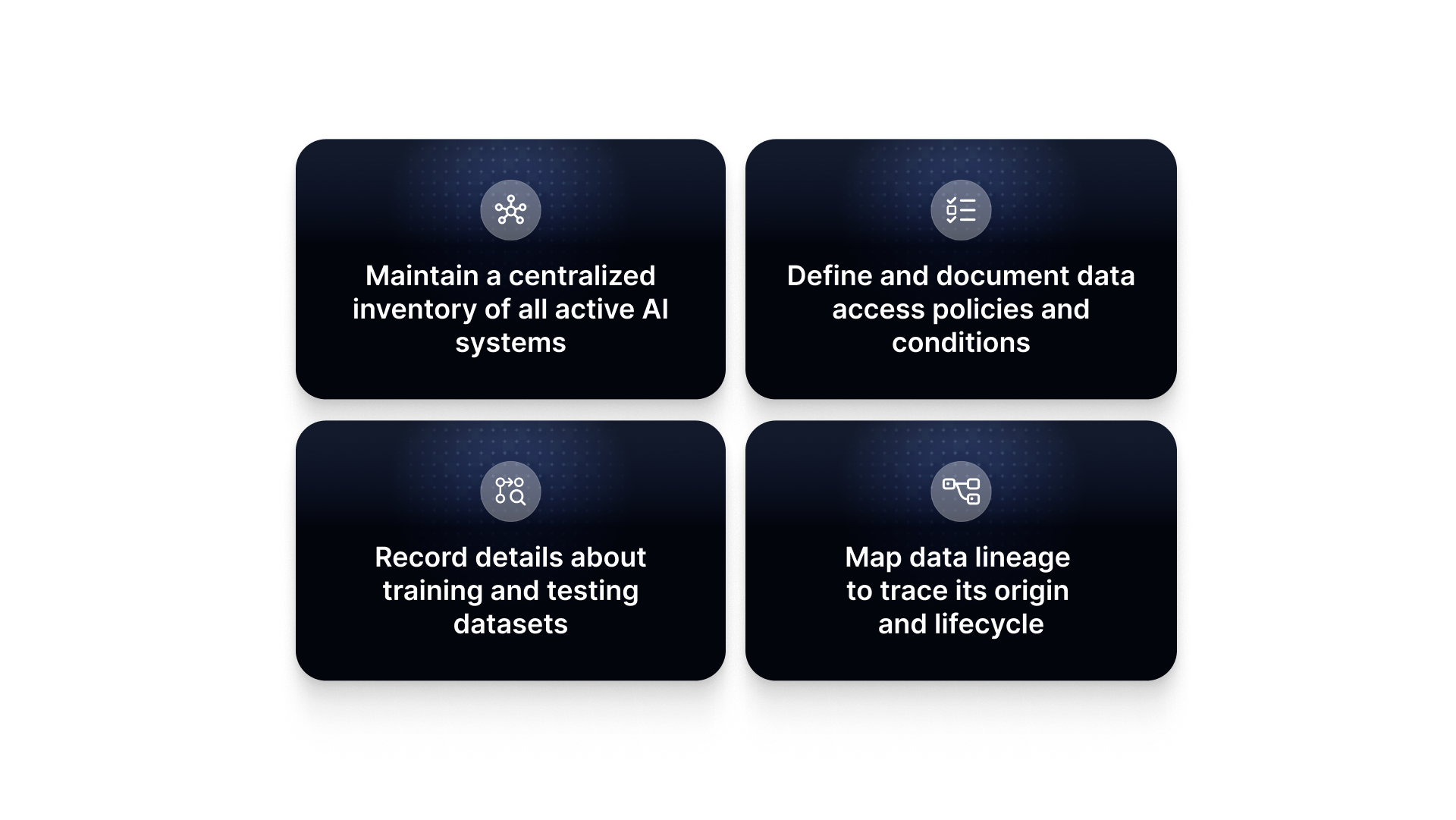AI governance requirements: inventory of systems, data access policies, dataset records, and data lineage mapping (per AI Act).