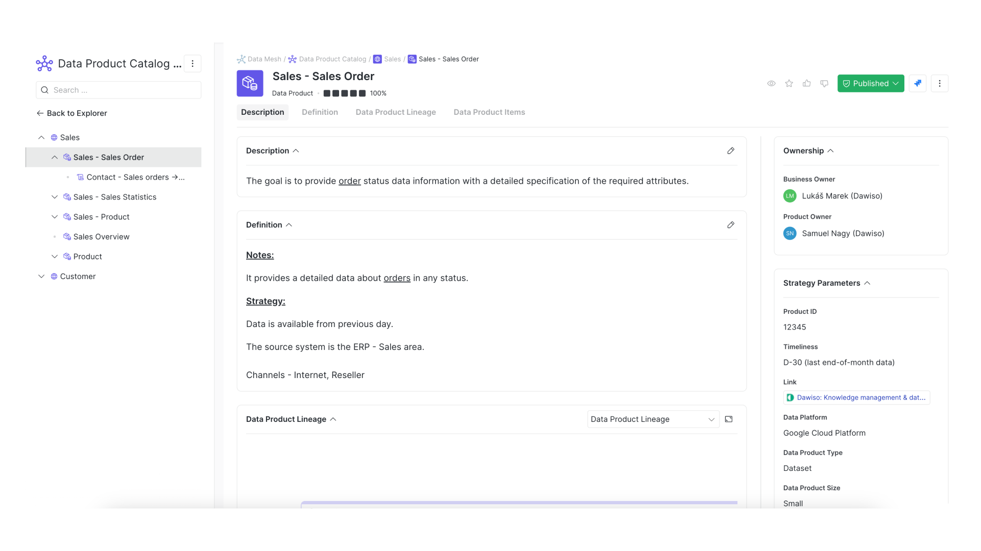 Dawiso interface showing a data product's description, definition, lineage, and ownership details in the documentation panel