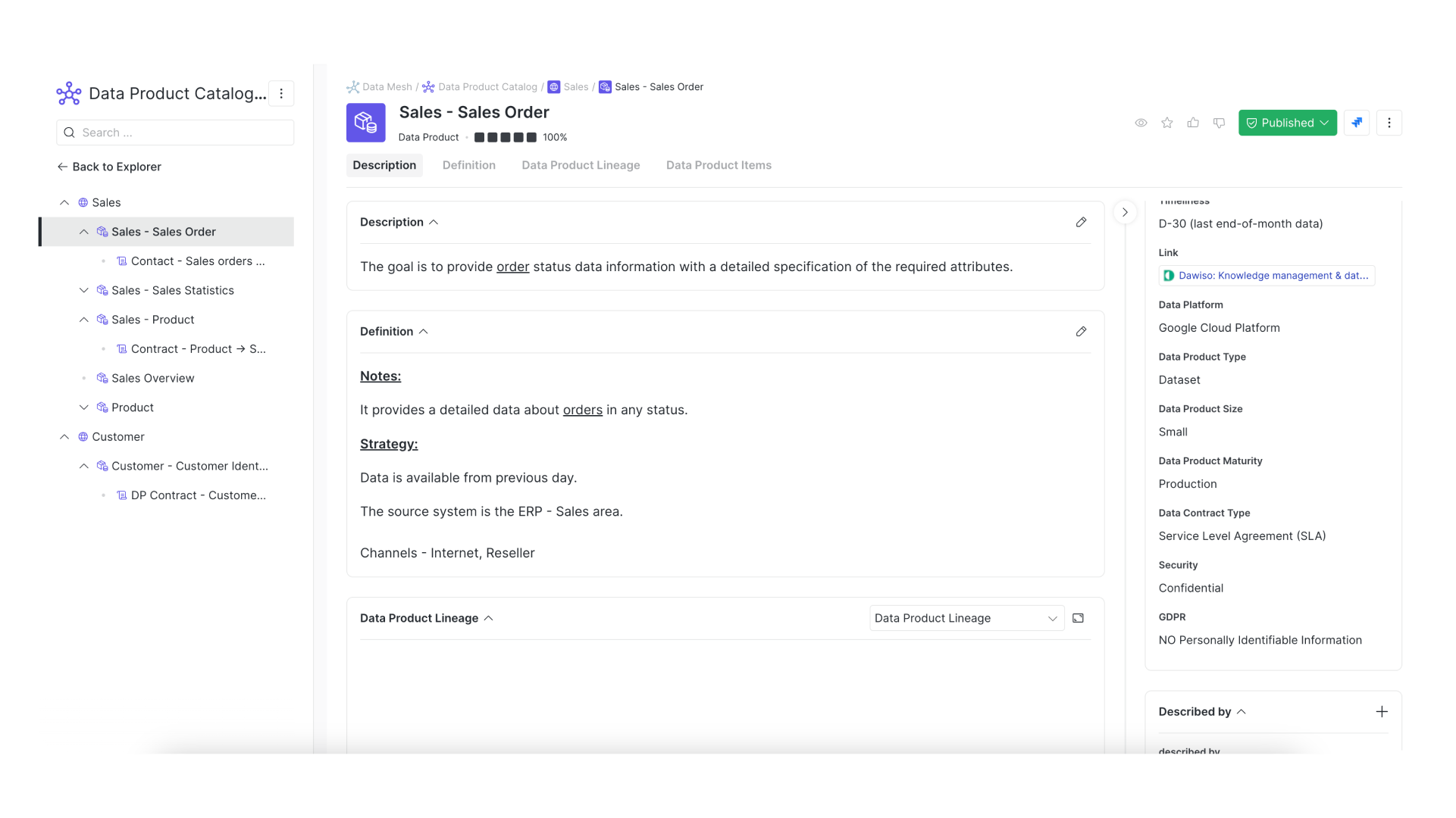 Right panel shows data product classification, including platform, type, size, maturity, contract, and security information