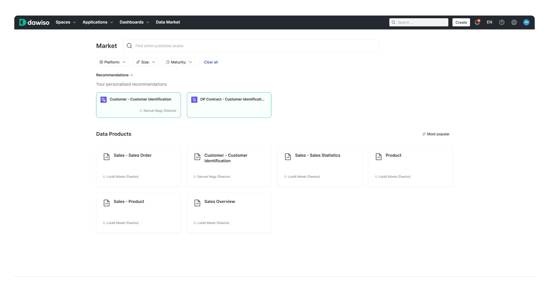 Dawiso’s Data Market interface displaying recommended and popular data products.