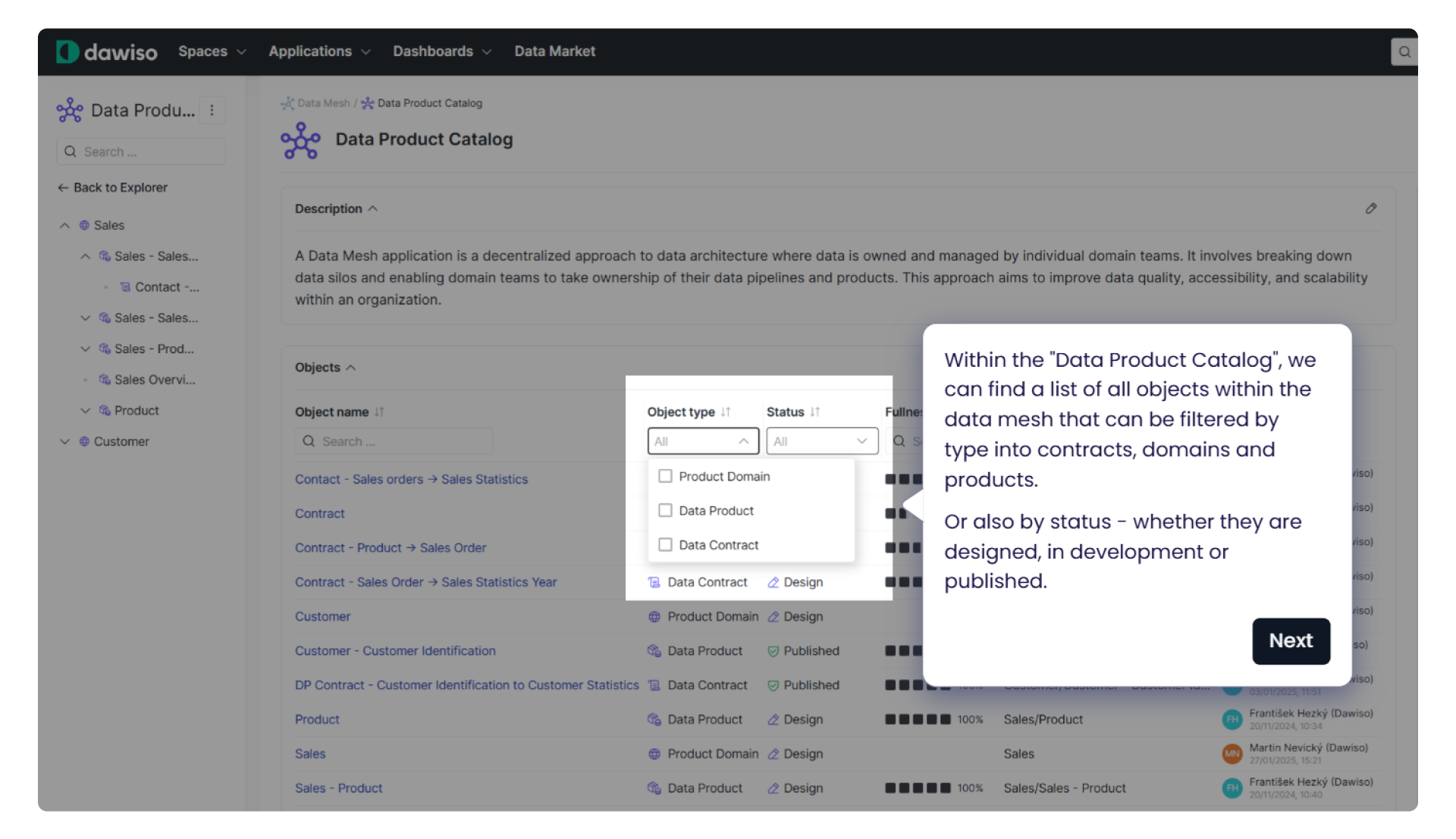 Dawiso’s Data Product Catalog view showing filterable objects by type and status.