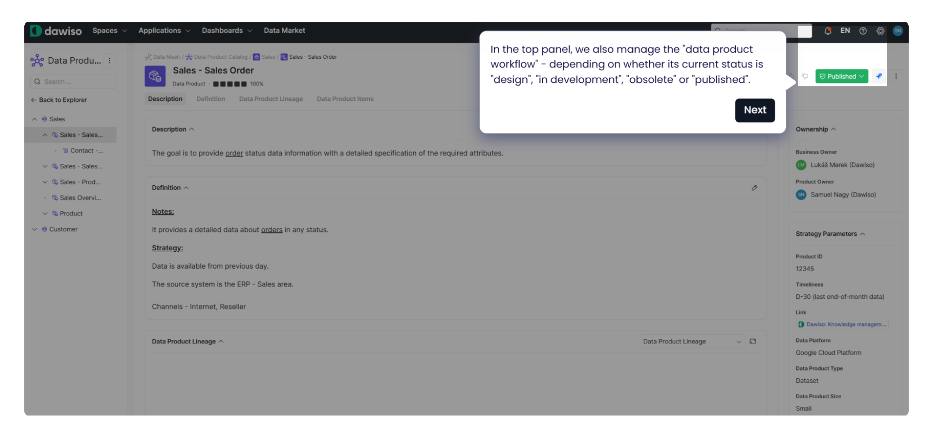 Data product workflow status options - design, in development, published, or obsolete.