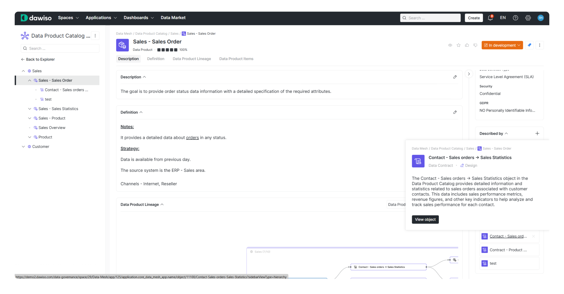Data product view showing a detailed data contract preview.