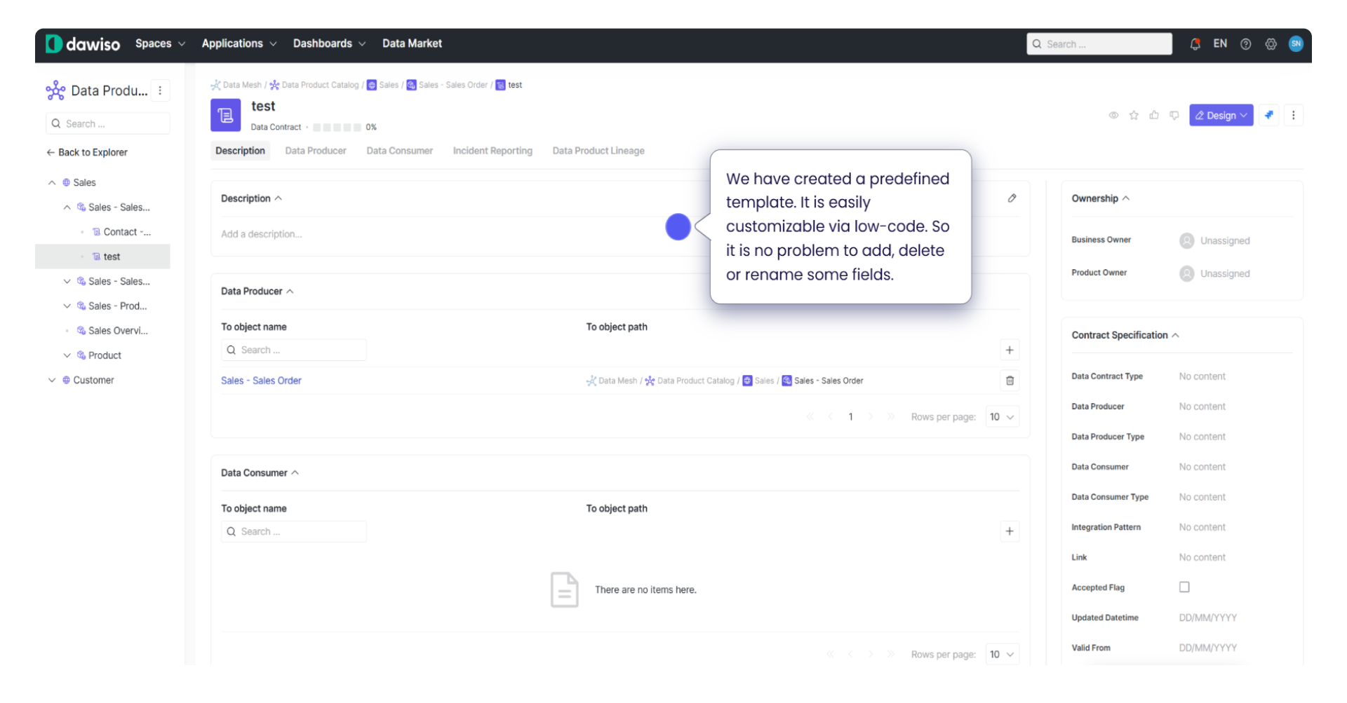 Predefined data contract template in Dawiso with low-code customization and unassigned ownership fields.