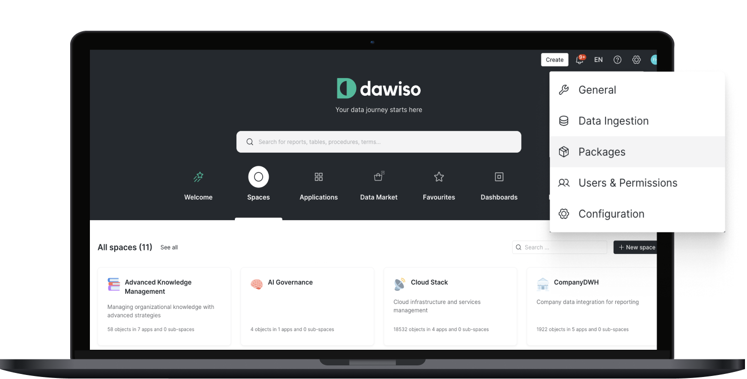 Dawiso platform interface with admin menu open, highlighting the "Packages" section for managing features across data spaces.   2/2