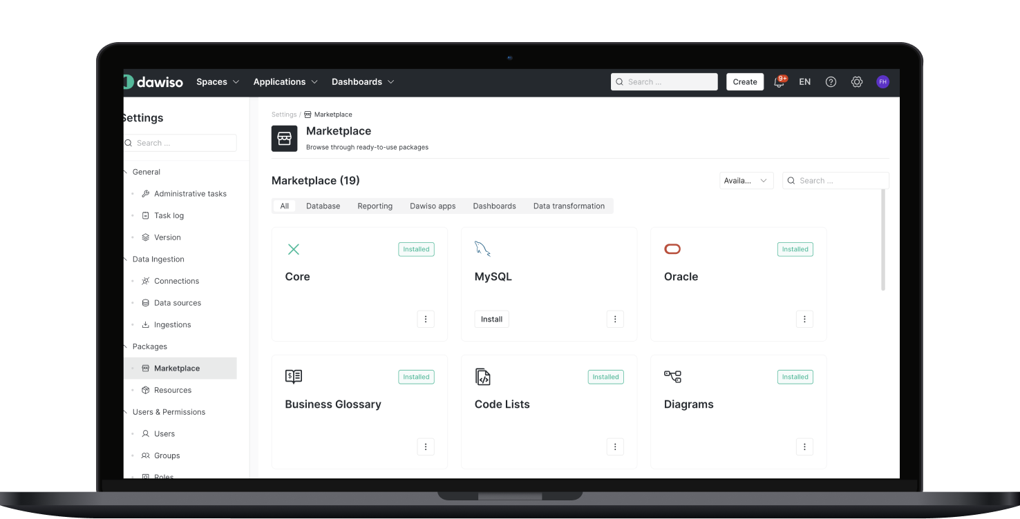 Dawiso Marketplace interface showing available and installed packages like MySQL, Oracle, Business Glossary, and Code Lists for easy integration.