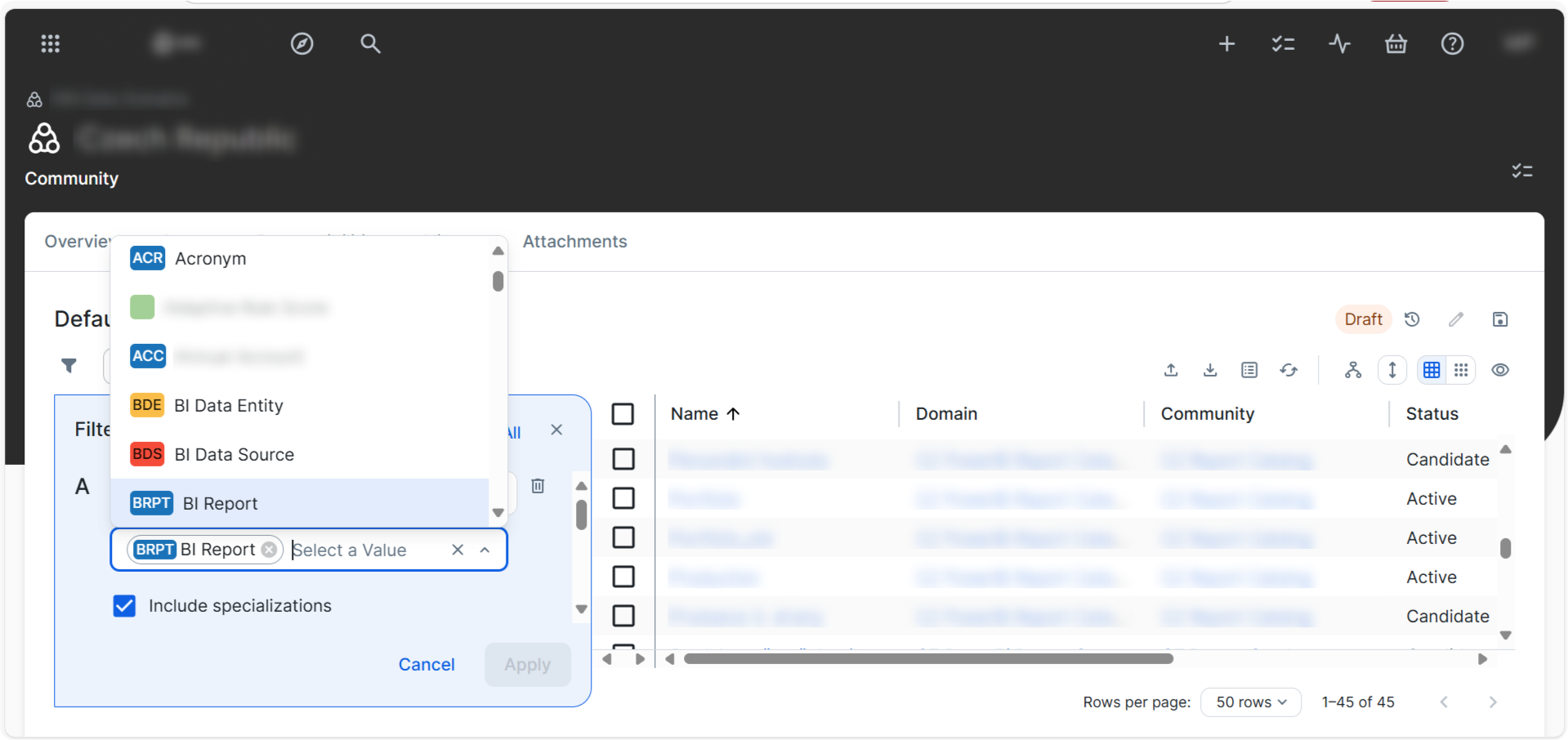 Collibra filtering: Adding filters requires selecting a metadata type (e.g., BI Report) and then defining a value, all while staying inside a small modal box.